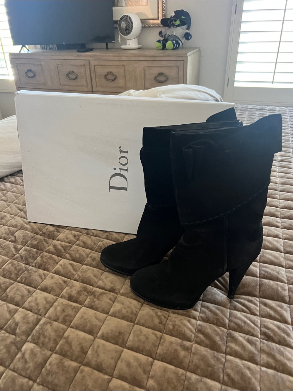 Dior Black Suede Fold-Over Mid-Calf Heeled Boots with side bow